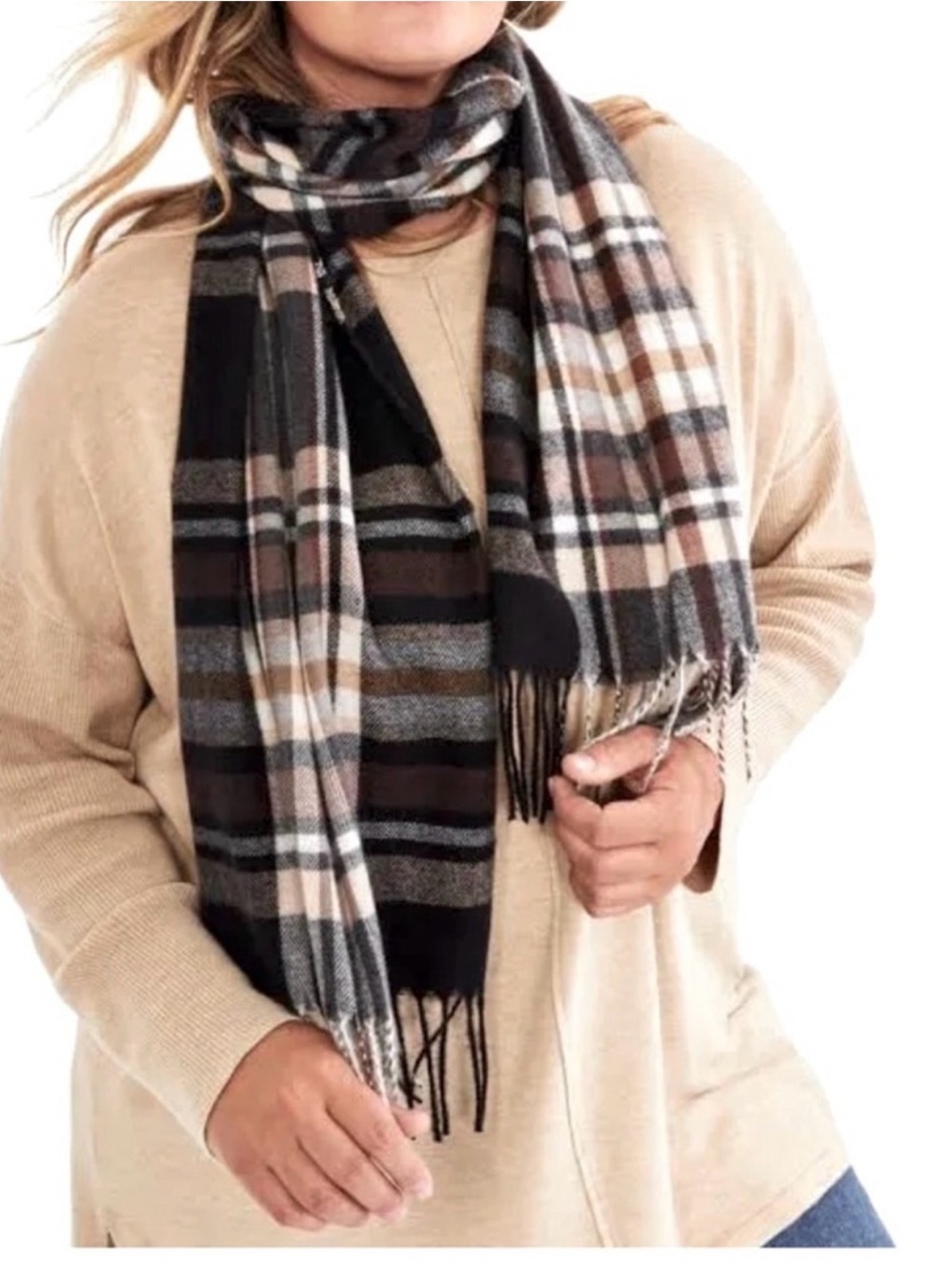 Brand New Style & Co. Plaid Fringe Scarf in Black, Brown & Cream